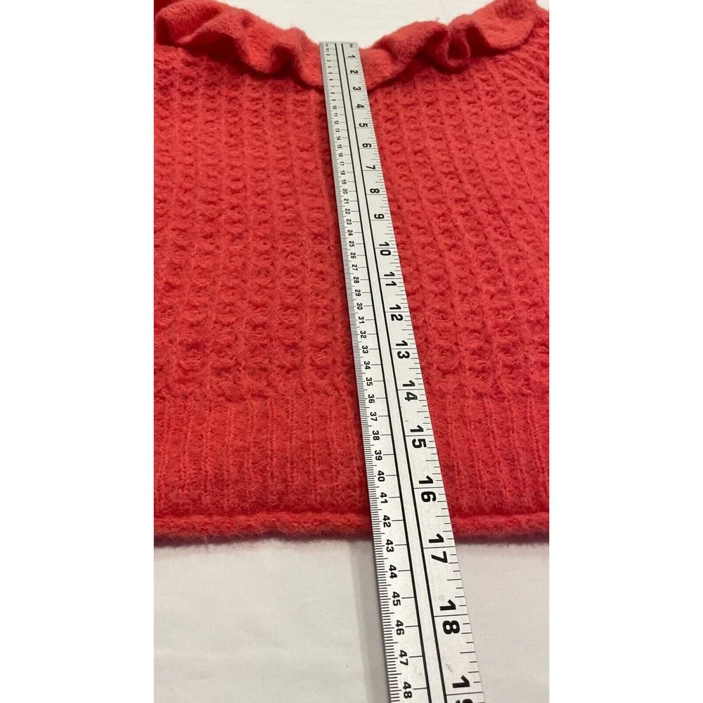 Anthropologie Ruffled Boat Neck Sweater Size XS Coral Pink Fuzzy Knit Wool Blend